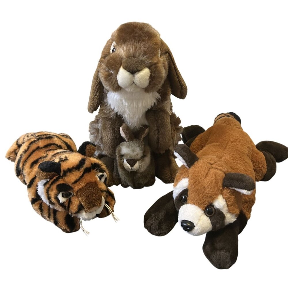 FAO Schwarz  Plush Stuffed Wild Animal Lot - Rabbit 12" High Red Panda 18" Tiger